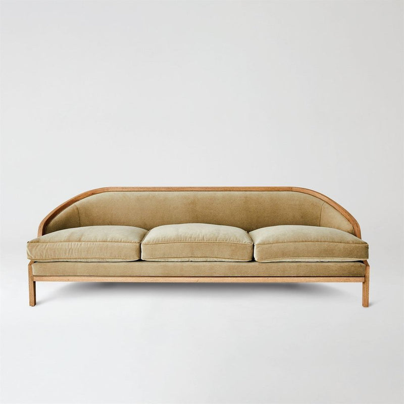 Tailored Sofa-Bleached Oak, shown in beige and light oak with fabric, wood, and three seat cushions.