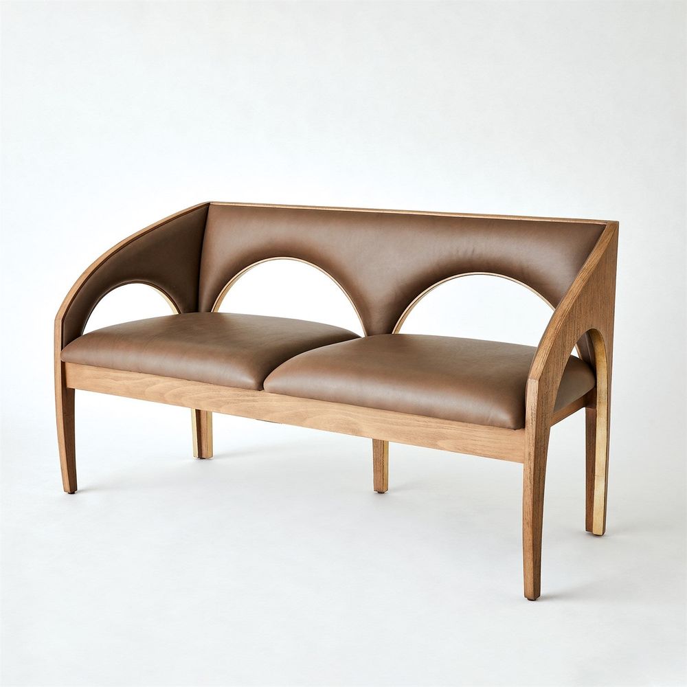 Alternate view of Arches Bench-Nutmeg/Champagne, featuring polished metallic trim, leather, wood, and fixed curved armrests.