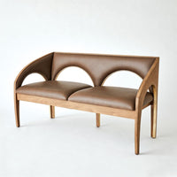 Alternate view of Arches Bench-Nutmeg/Champagne, featuring polished metallic trim, leather, wood, and fixed curved armrests.