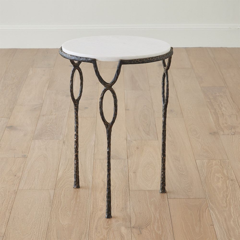 Additional view of Chiseled Loop Table-Bronze in white and bronze, featuring hammered finish and a round solid marble top.