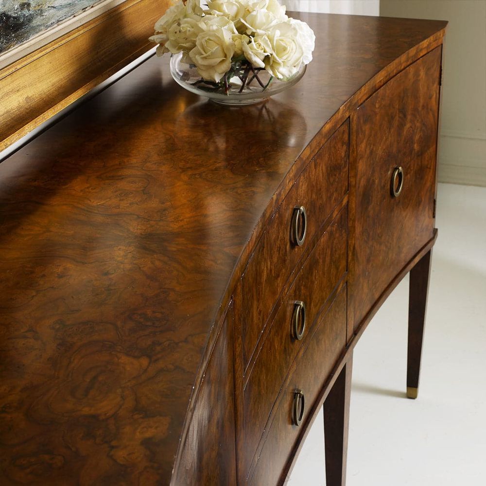 Additional view of Concave Walnut Inlay Buffet in warm medium brown and amber walnut.