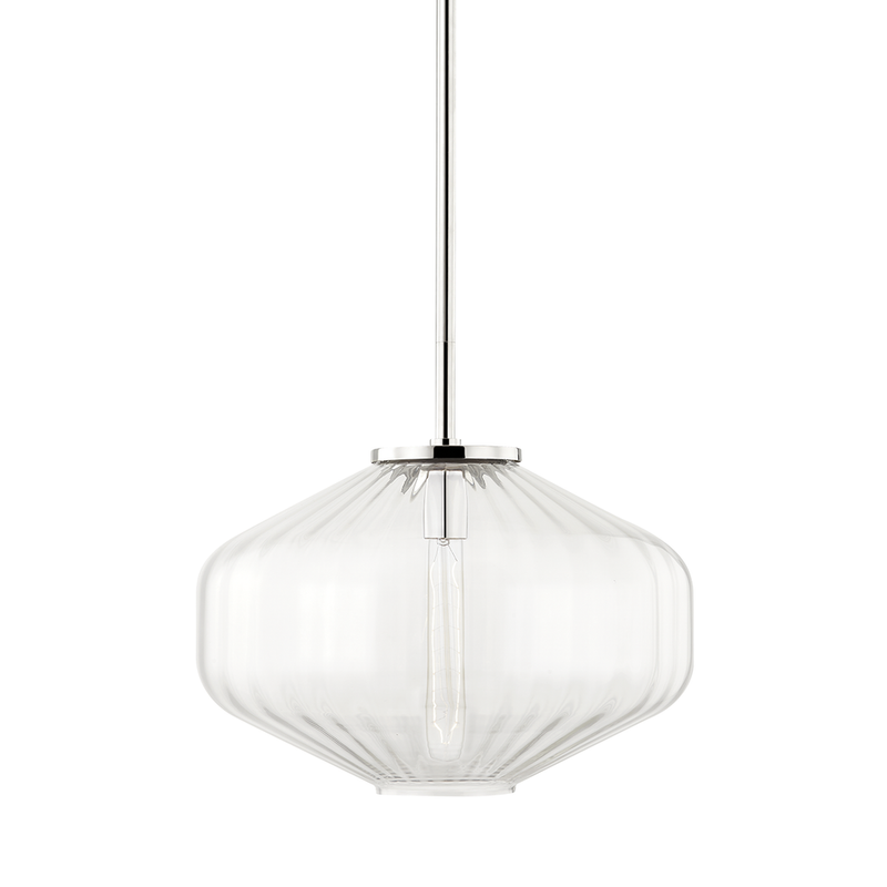 Alternate view of Bennet 1 Light Pendant, featuring polished nickel finish, glass, metal, and single pendant suspension rod.