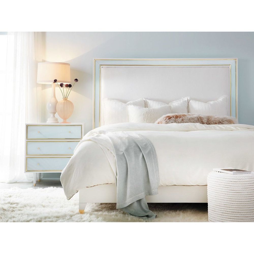 Alternate view of Seaglass Bed, featuring matte painted frame, upholstered fabric, wood, and tall rectangular headboard.