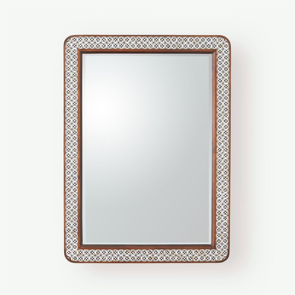 Aravalli Mirror, shown in warm walnut brown and ivory with wood, mirror glass, and wall-mounting design.