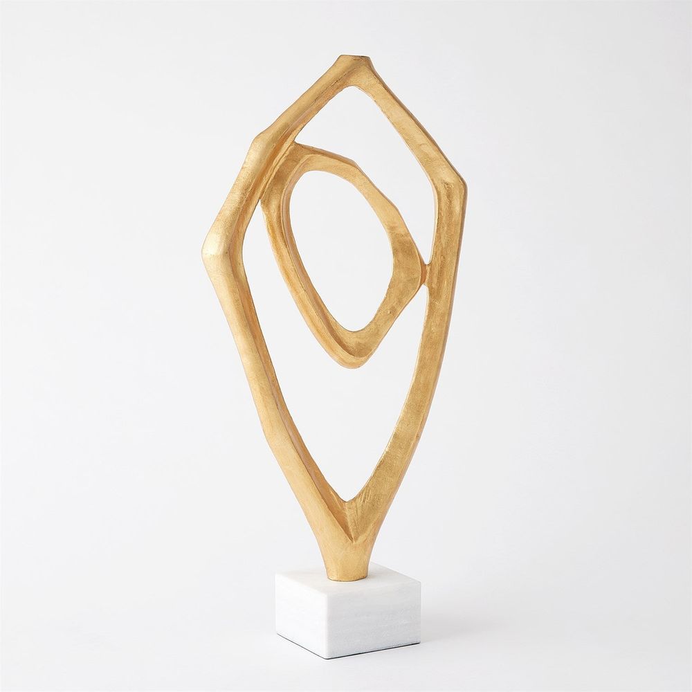 Interplay Sculpture-Gold Leaf, shown in gold with metal, marble, and freestanding tabletop sculpture.