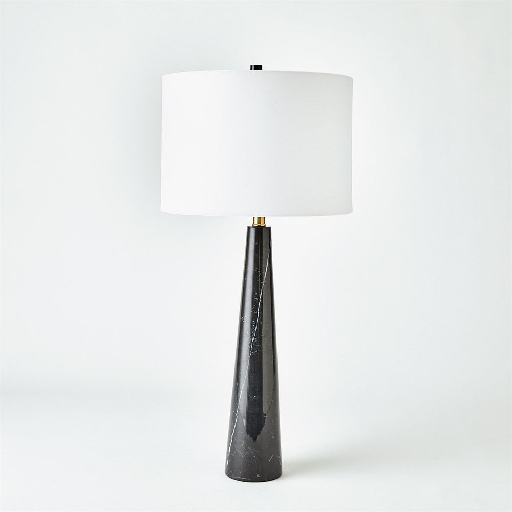 Alternate view of Pinnacle Marble Lamp-Black, featuring polished stone finish, marble, fabric, and a table lamp base.