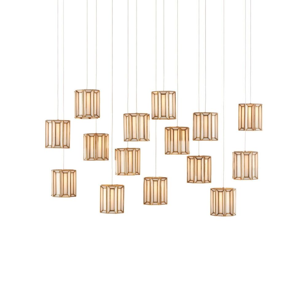 Daze 15-Light Linear Multi-Drop Pendant, shown in antique brass gold and frosted white with metal and glass.