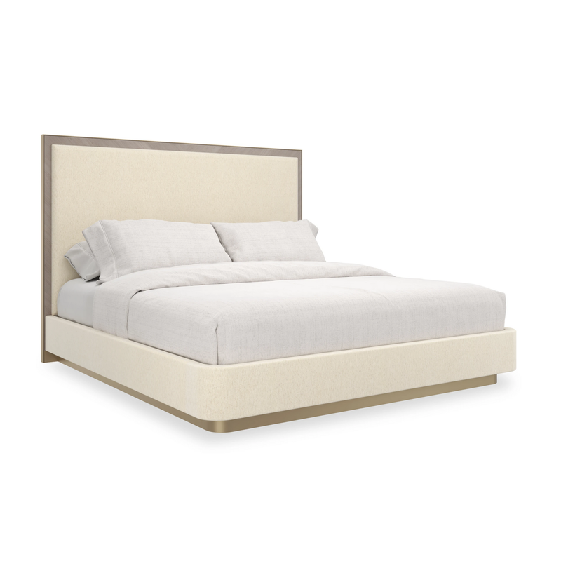 Alternate view of Anthology Bed, featuring brushed metal finish, upholstery fabric, wood, and a upholstered platform base.