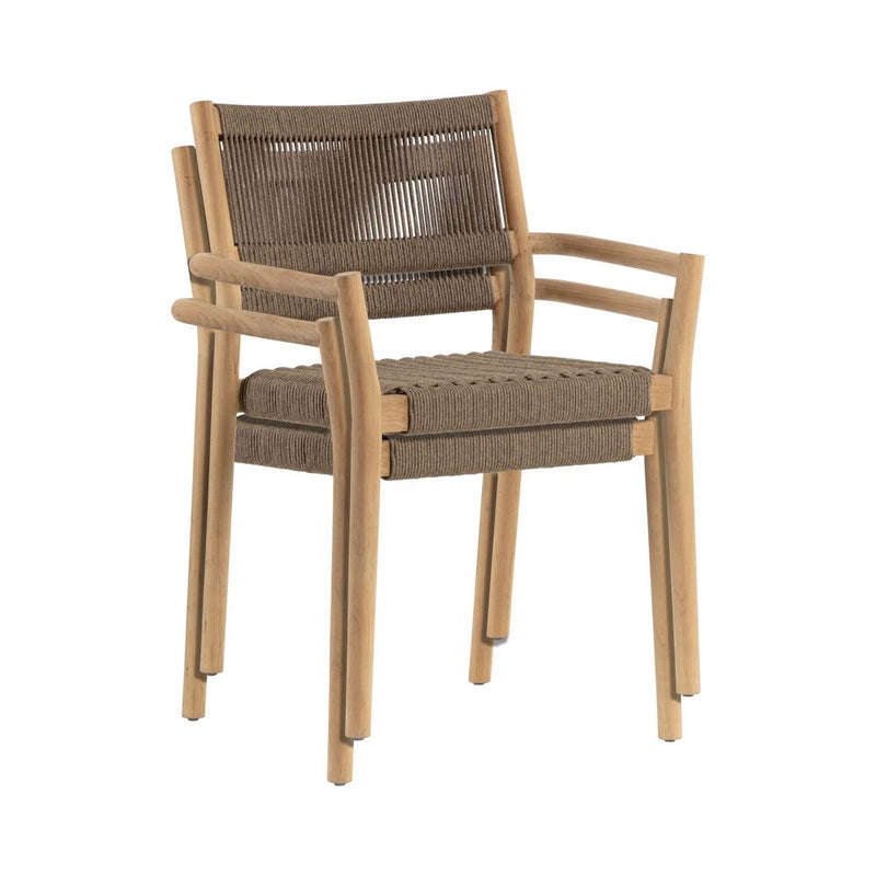 Alternate view of Kavala Stackable Dining Armchair, featuring teak wood, woven rope, and fixed arms.