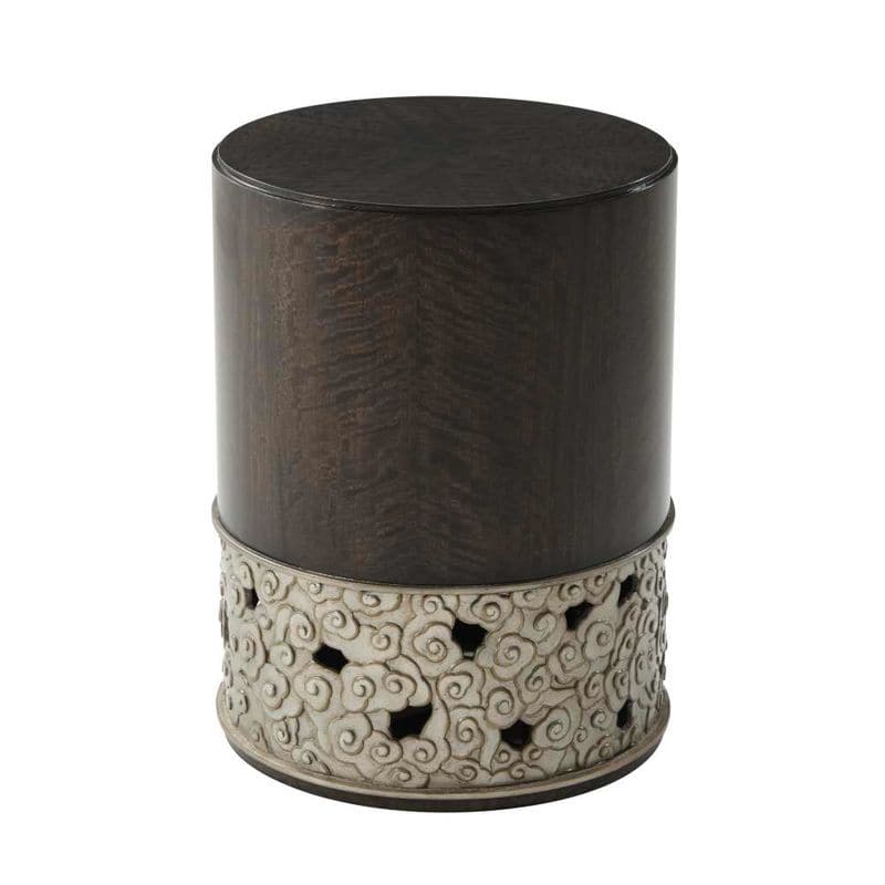 Camille Side Table, shown in dark brown and taupe with wood, carved wood, and a solid circular top surface.