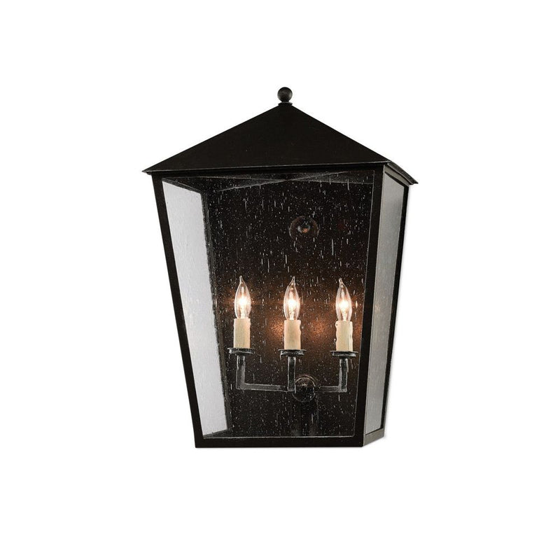 Bening Large Outdoor Wall Sconce, shown in black with wrought iron, seeded glass, and wall-mounting hardware.
