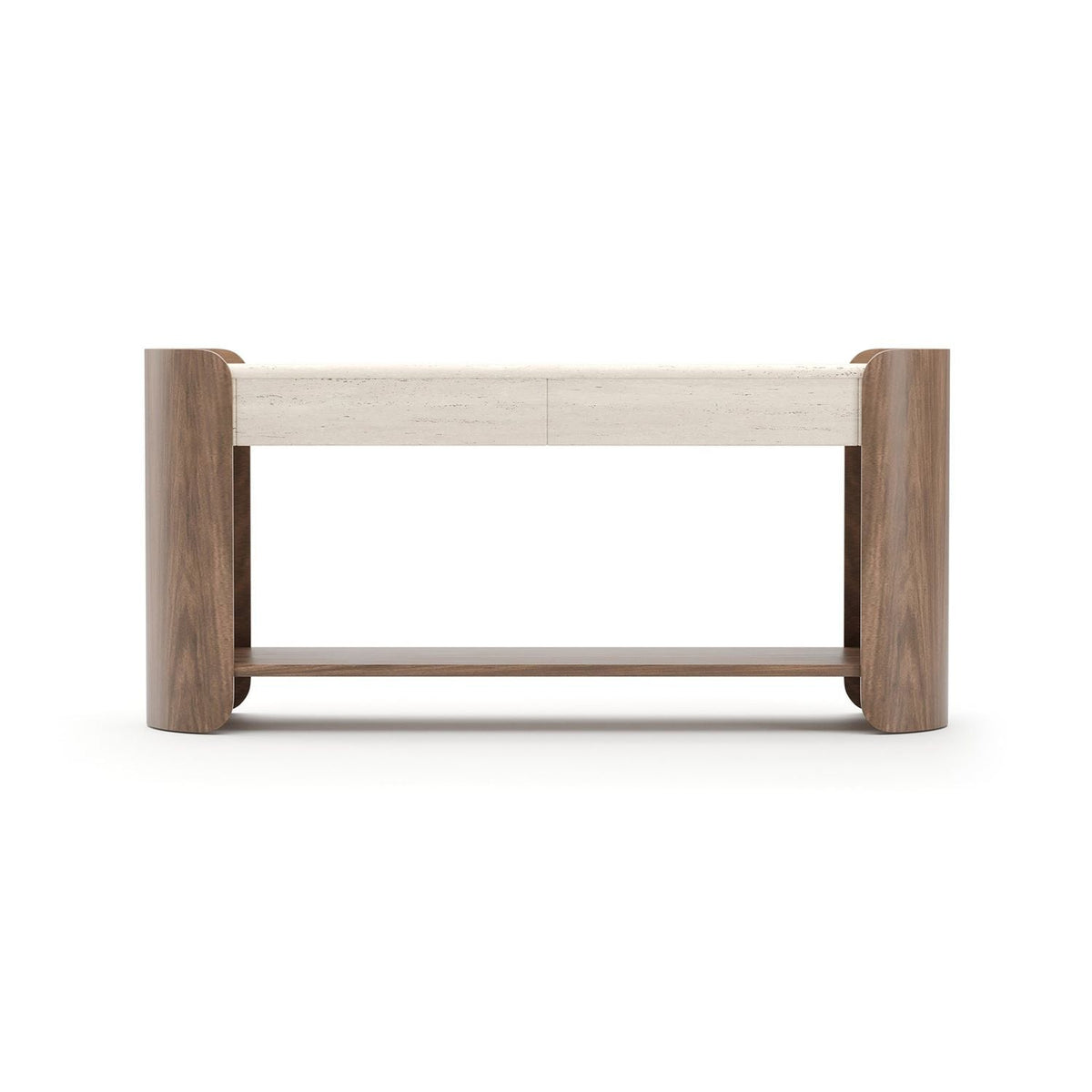 Fleur Console Table, shown in medium brown and cream with walnut wood, travertine, and two integrated drawers.