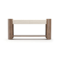 Fleur Console Table, shown in medium brown and cream with walnut wood, travertine, and two integrated drawers.
