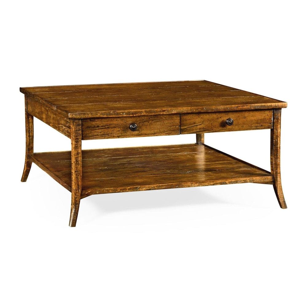 Square Coffee Table, shown in warm medium brown and amber brown with wood, metal, and two front drawers with round knobs.