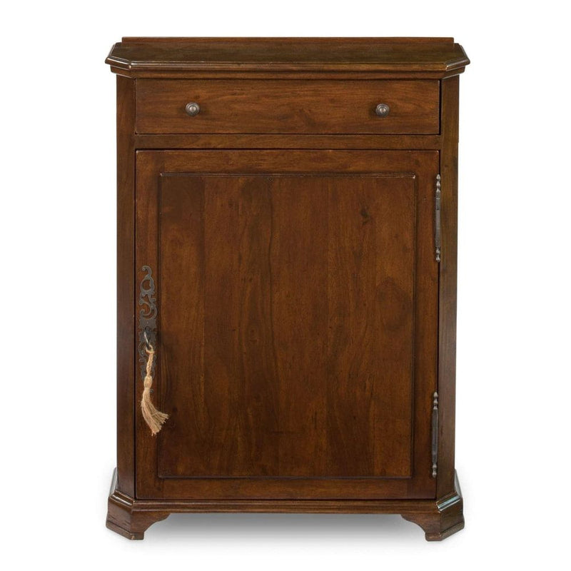 Chameleon Cabinet, shown in medium brown and dark walnut brown with wood, metal hardware, and single top drawer.