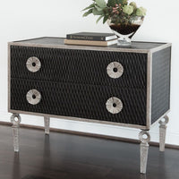 Artisan Chest, shown in black and silver-gray with wood, metal hardware, and two full-extension drawers.