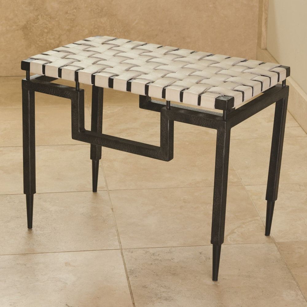 Additional view of Iron & Woven Leather Bench in ivory and black, featuring matte finish and woven leather seat platform.