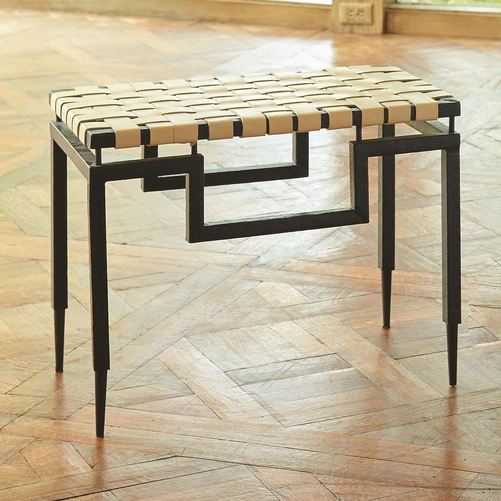 Alternate view of Iron & Woven Leather Bench, featuring matte finish, leather, iron, and woven leather seat platform.