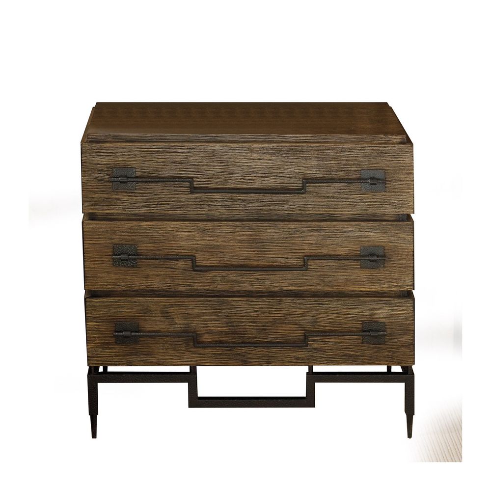 Scratch Three-Drawer Chest, shown in medium brown and dark bronze with wood, metal, and three full-width drawers.