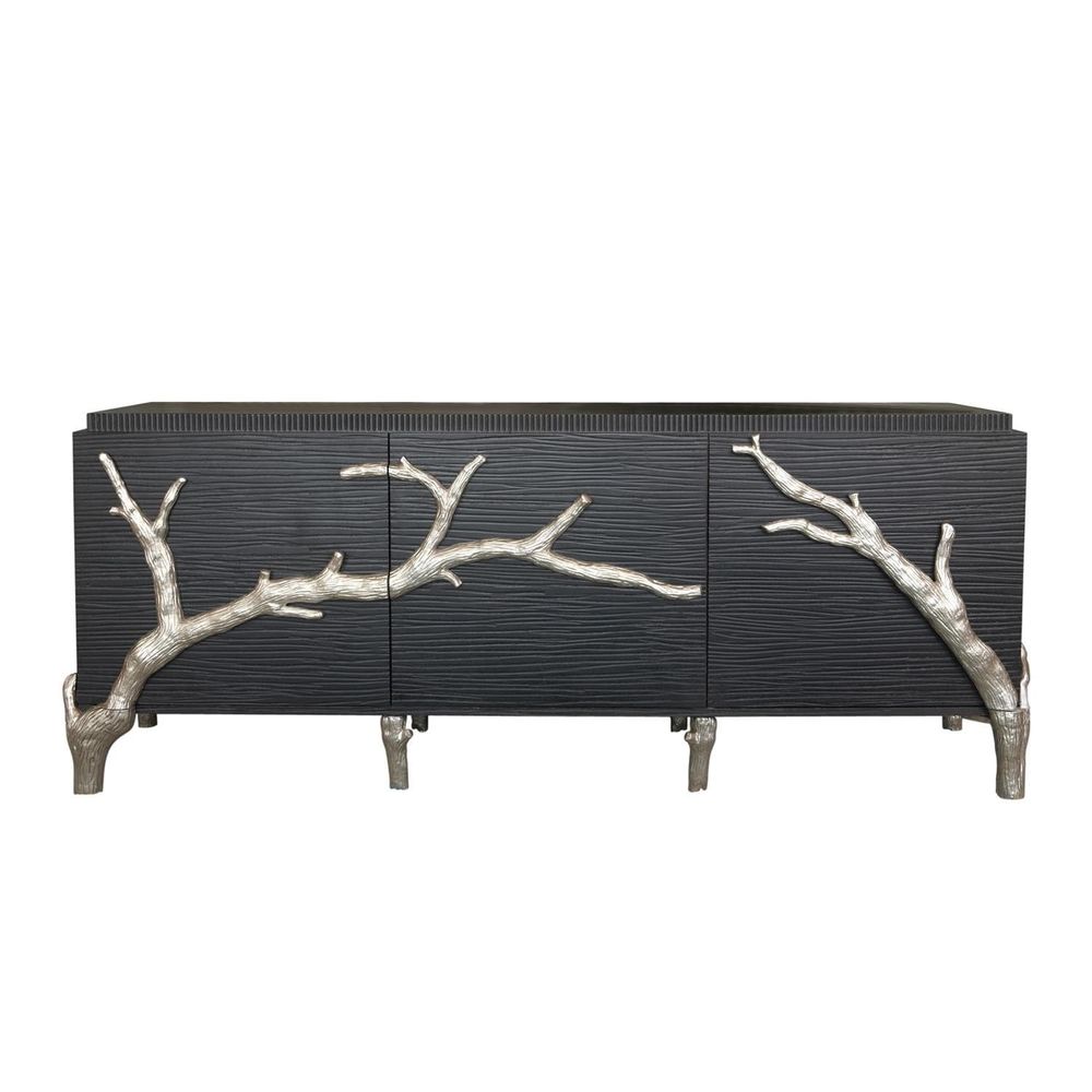 Branch Sideboard, shown in black and silver with wood, metal, and three-door cabinet storage.