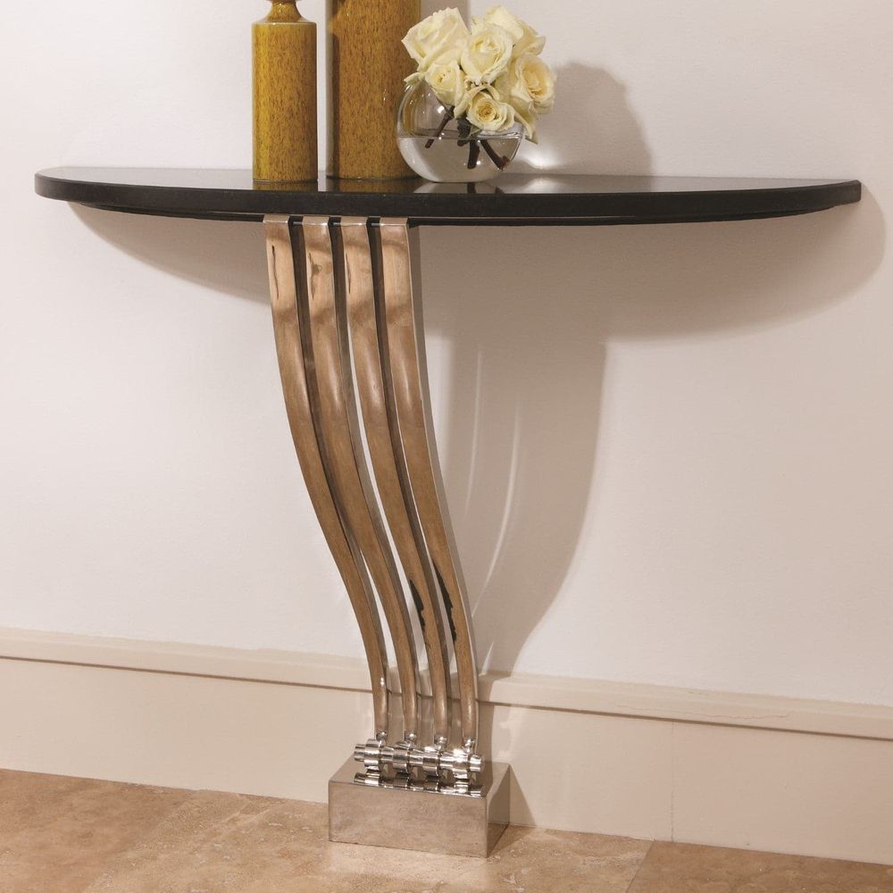Additional view of Graceful Console, featuring honed finish, stone, metal, and demi-lune wall-oriented console profile.
