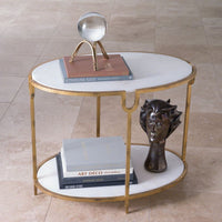 Alternate view of Iron/Stone Side Table, featuring textured gilt metal, marble, iron, and two-tier oval shelves.