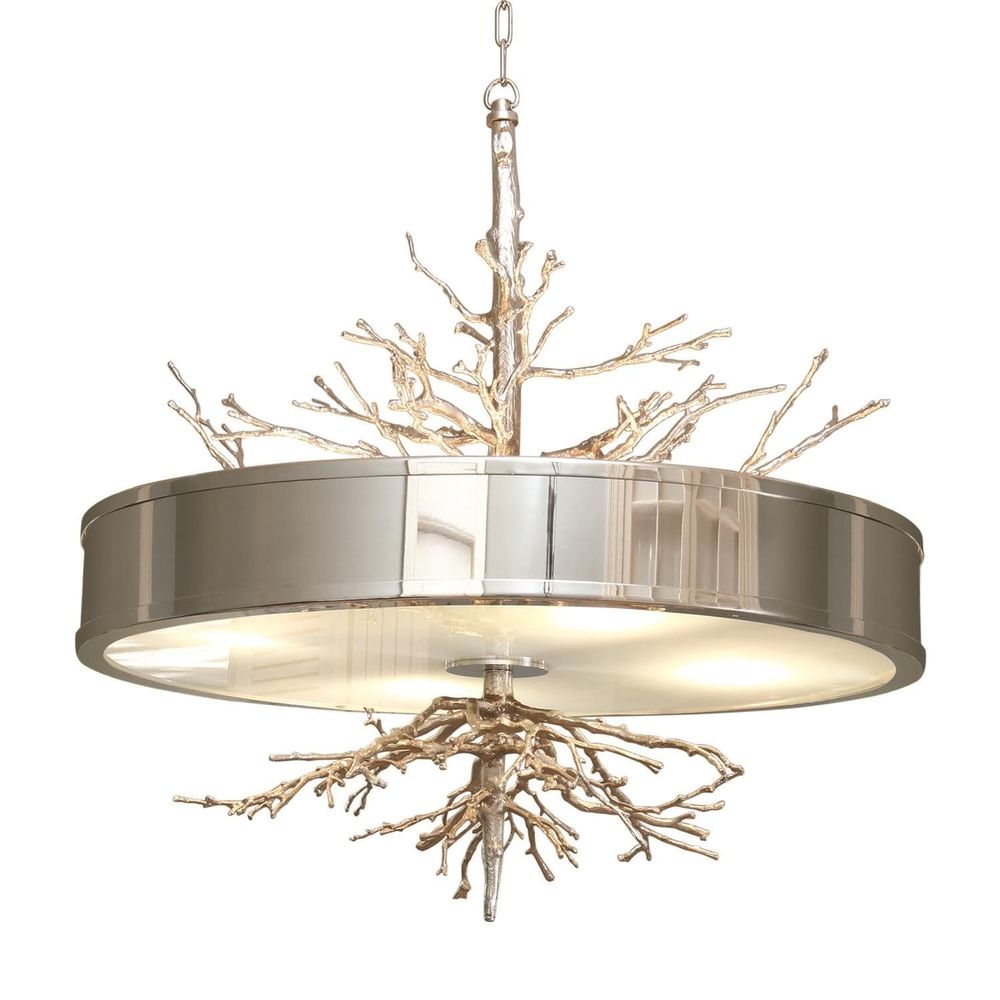 Twig Pendant, shown in polished nickel and matte dark bronze with metal, diffuser, and chain-hung ceiling pendant.