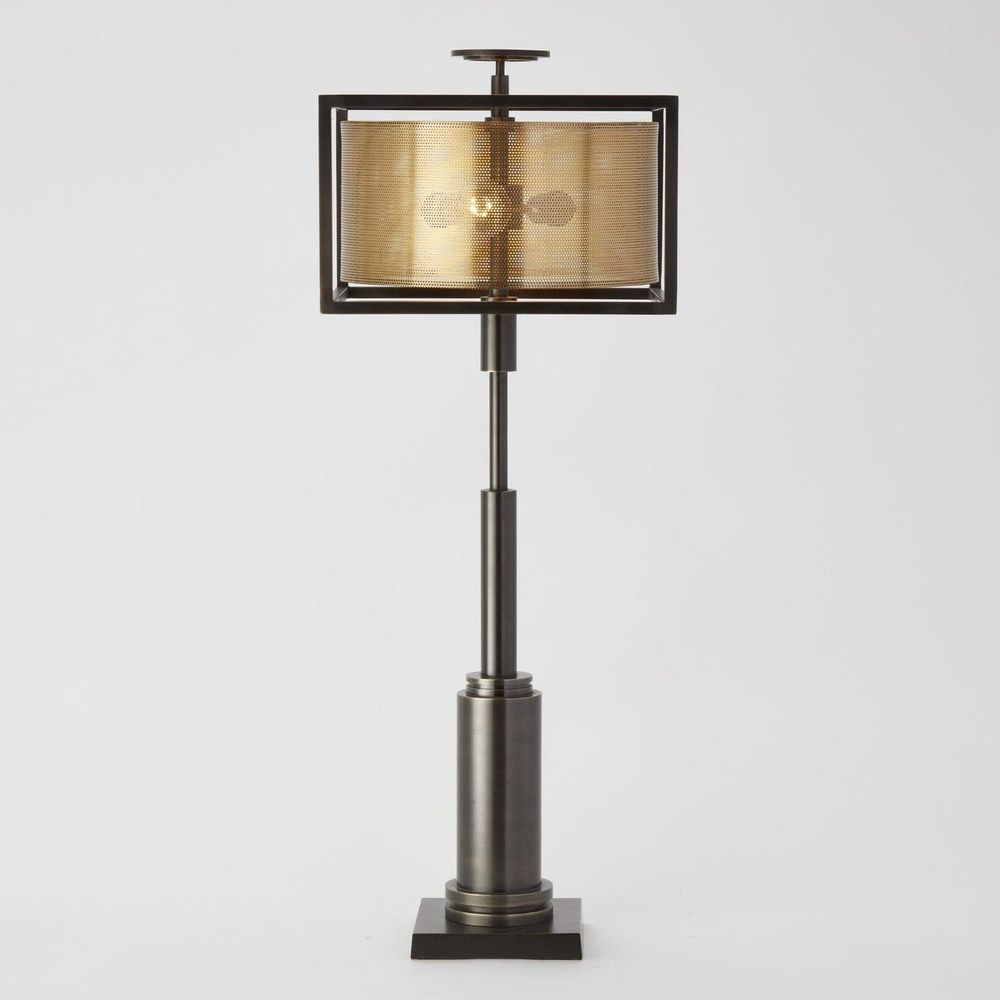 Double Shade Lamp, shown in dark bronze and antique brass with metal, perforated metal mesh, and floor-standing lamp.