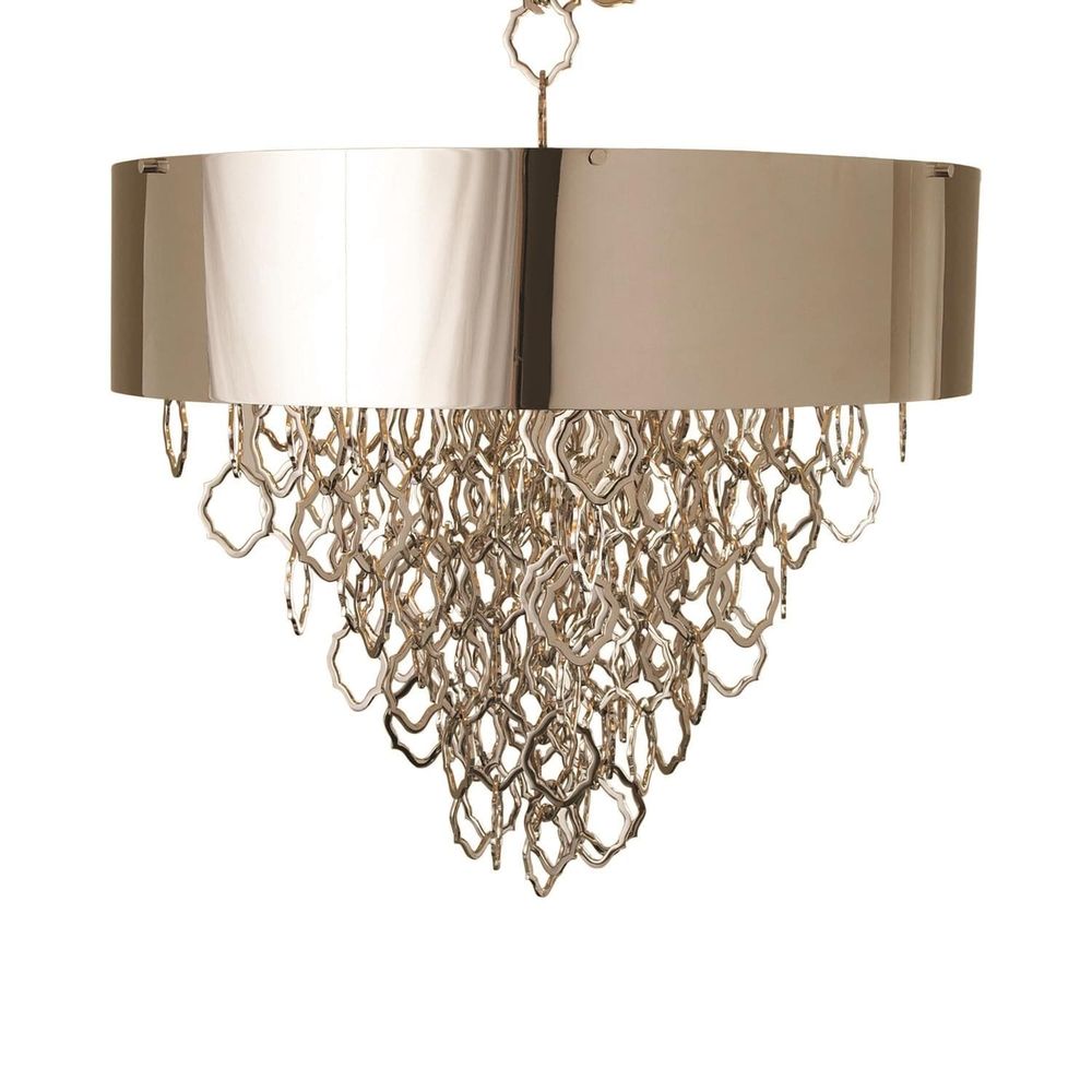Chain Pendant, shown in polished nickel and brass gold with metal, brass, and ceiling chain suspension.