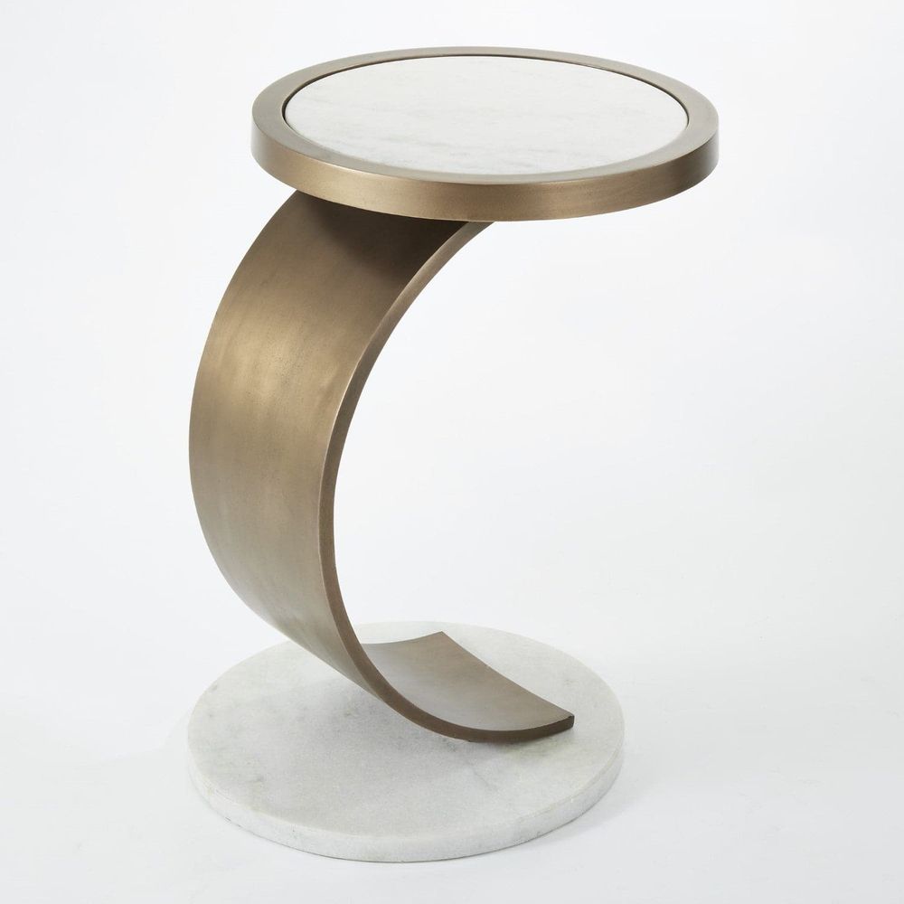 C Accent Table, shown in brass gold and white with metal, marble, and a compact round top.