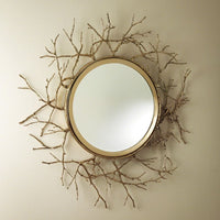 Alternate view of Twig Round Mirror, featuring metallic leaf finish, metal, mirrored glass, and wall-mounted round mirror.