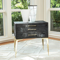 Additional view of Stiletto Bedside Table in ivory and black, featuring stitched edge detailing and three stacked drawers.