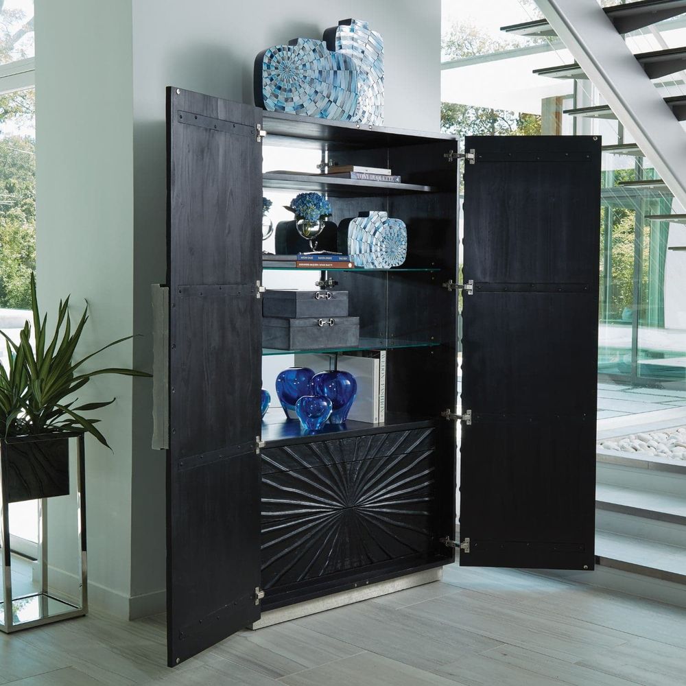Additional view of Pleated Cabinet in black and charcoal, featuring carved textured finish and double full-height doors.
