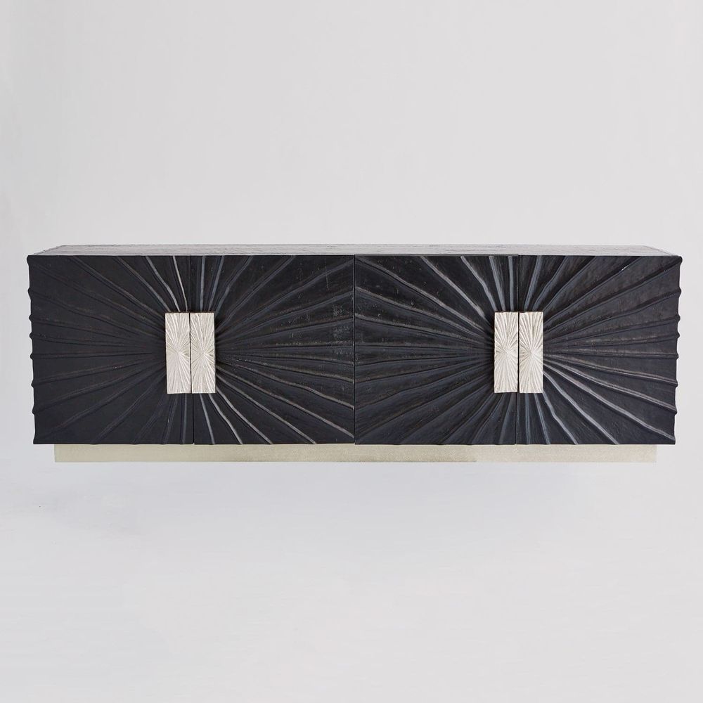 Pleated Media Cabinet, shown in black and charcoal with wood, metal, and enclosed four-door storage.
