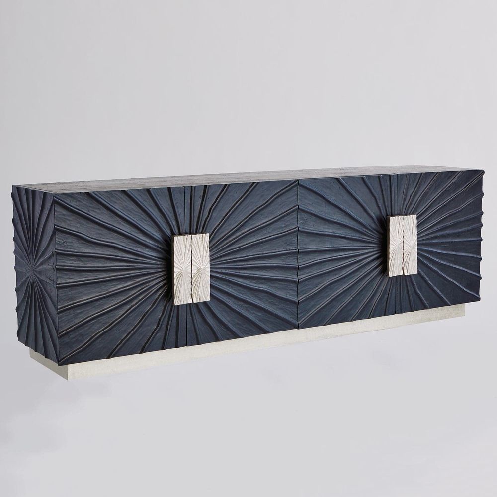 Additional view of Pleated Media Cabinet, featuring matte textured finish, wood, metal, and enclosed four-door storage.