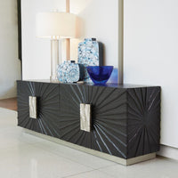 Alternate view of Pleated Media Cabinet, featuring matte textured finish, wood, metal, and enclosed four-door storage.