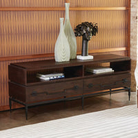 Alternate view of Scratch Console, featuring wood, metal, and two open media cubbies.
