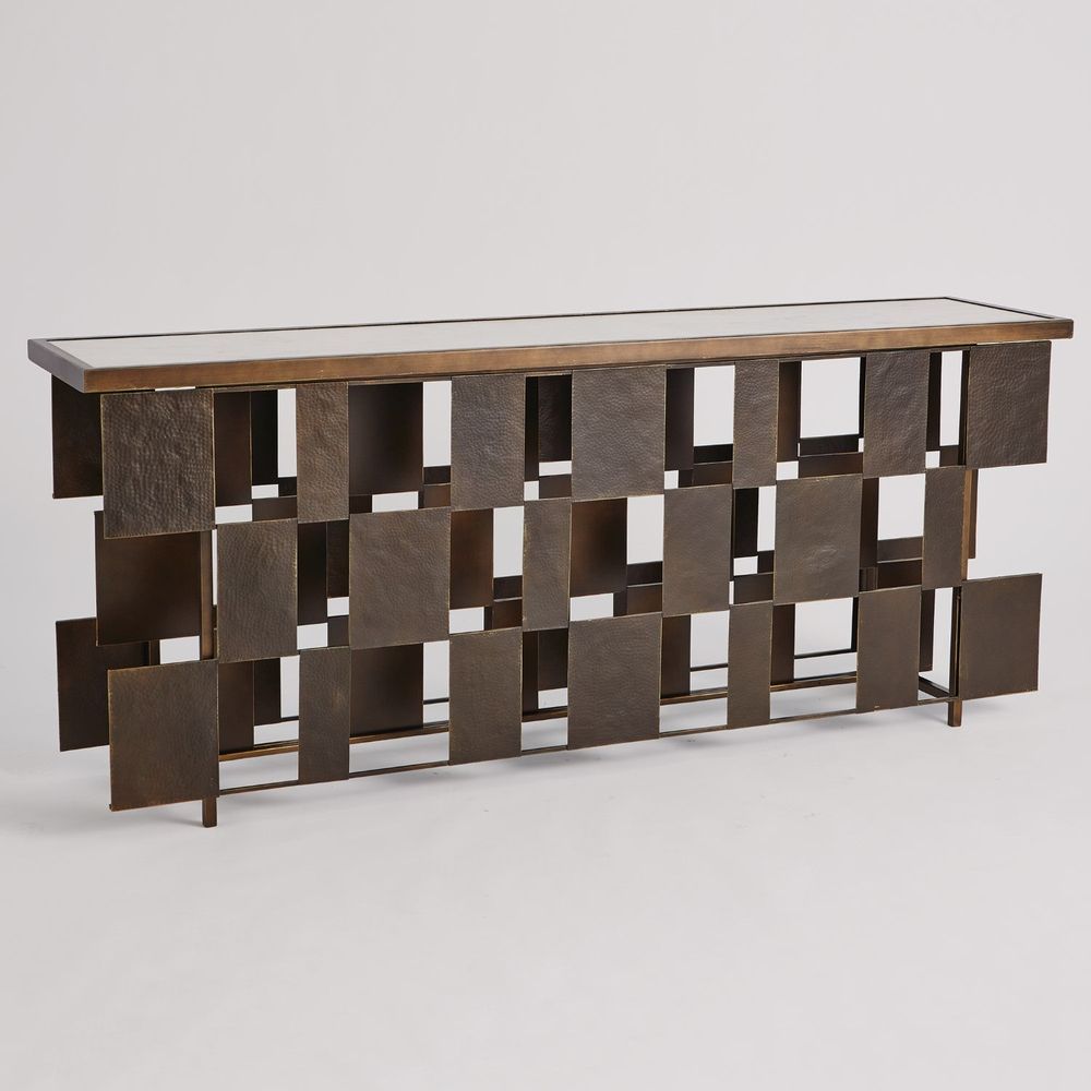 Layered Console, shown in bronze and ivory with metal, stone, and a long narrow console surface.