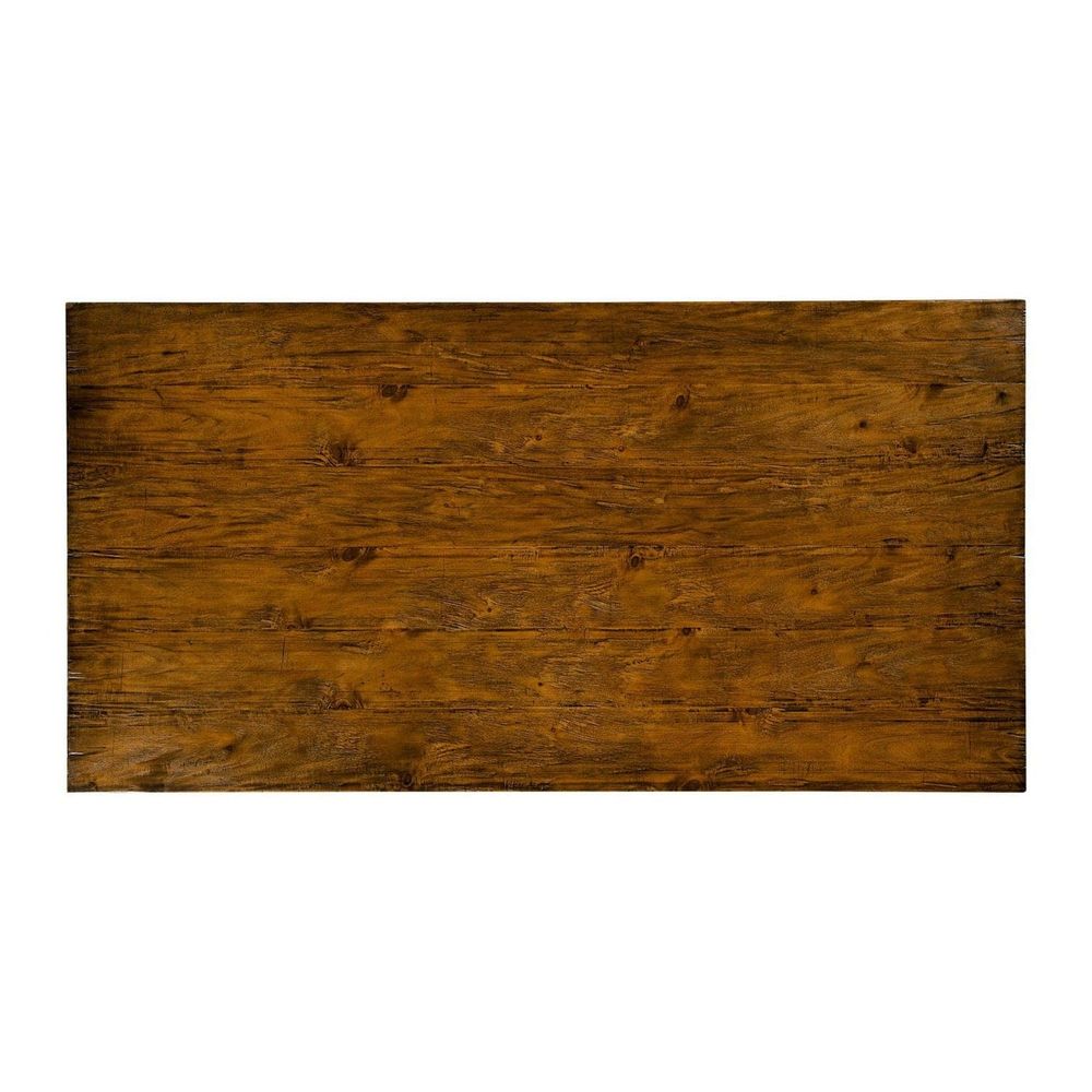 Alternate view of Solid Wood Dining Table, featuring distressed finish, solid wood, and trestle base with dual pedestals.