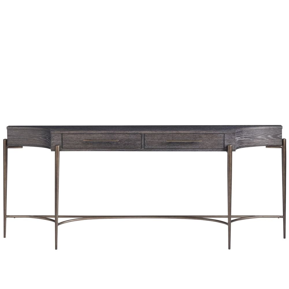 Oslo Console Table, shown in charcoal gray and dark espresso brown with wood and metal.