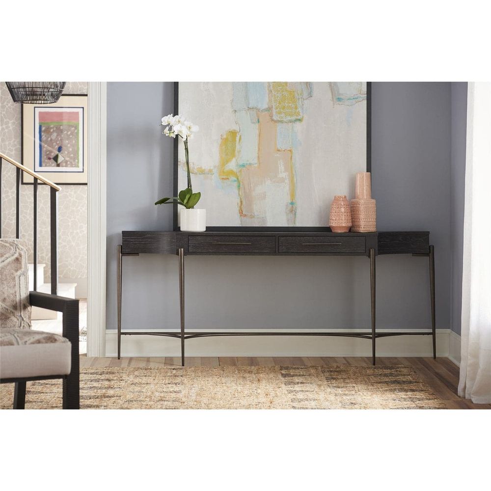 Alternate view of Oslo Console Table, featuring wood, metal, and two centered drawers with linear pulls.