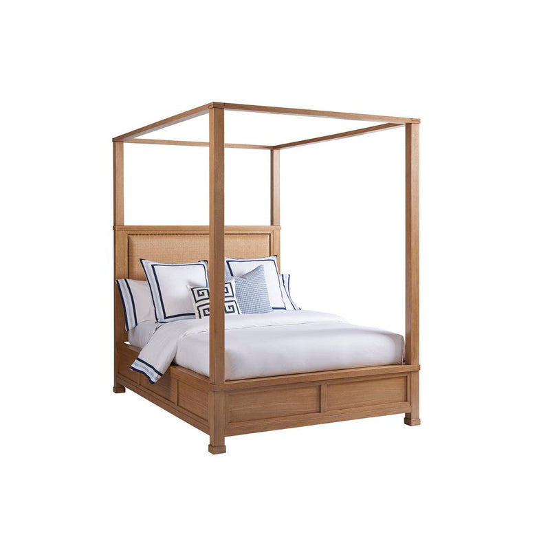 Shorecliff Canopy Bed 5/0 Queen, shown in light natural wood / sandstone tan with wood and cane / rattan.