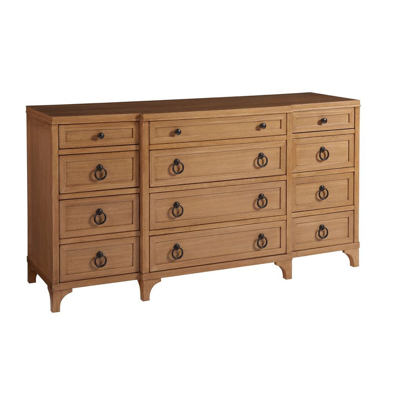 Garnet Breakfront Dresser, shown in light natural wood brown and sandstone tan with wood, metal, and multi-drawer storage.