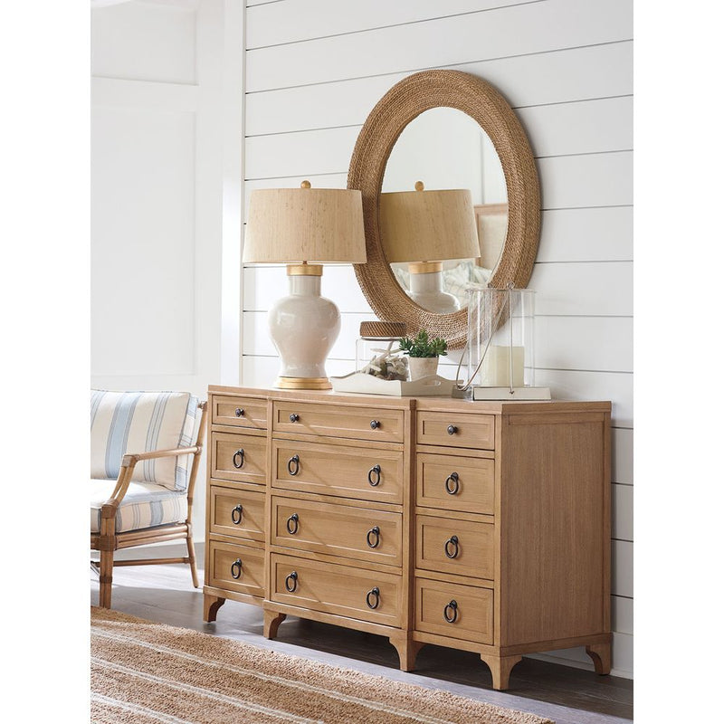 Alternate view of Garnet Breakfront Dresser, featuring wood, metal, and multi-drawer storage.