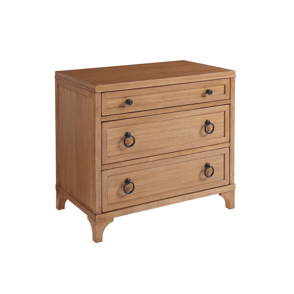 Cliff Nightstand, shown in light oak brown and sandstone tan with wood, metal, and three drawers with mixed hardware.