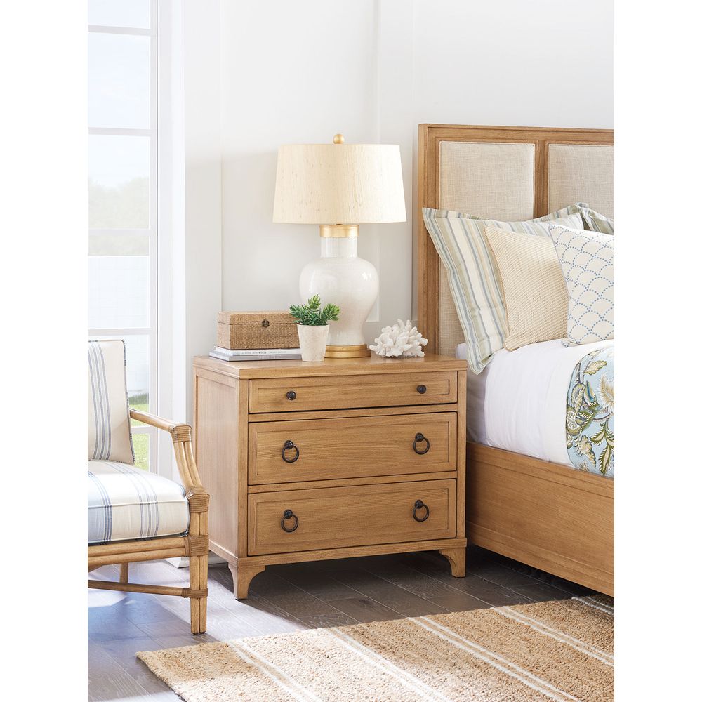 Alternate view of Cliff Nightstand, featuring wood, metal, and three drawers with mixed hardware.