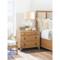 Alternate view of Cliff Nightstand, featuring wood, metal, and three drawers with mixed hardware.