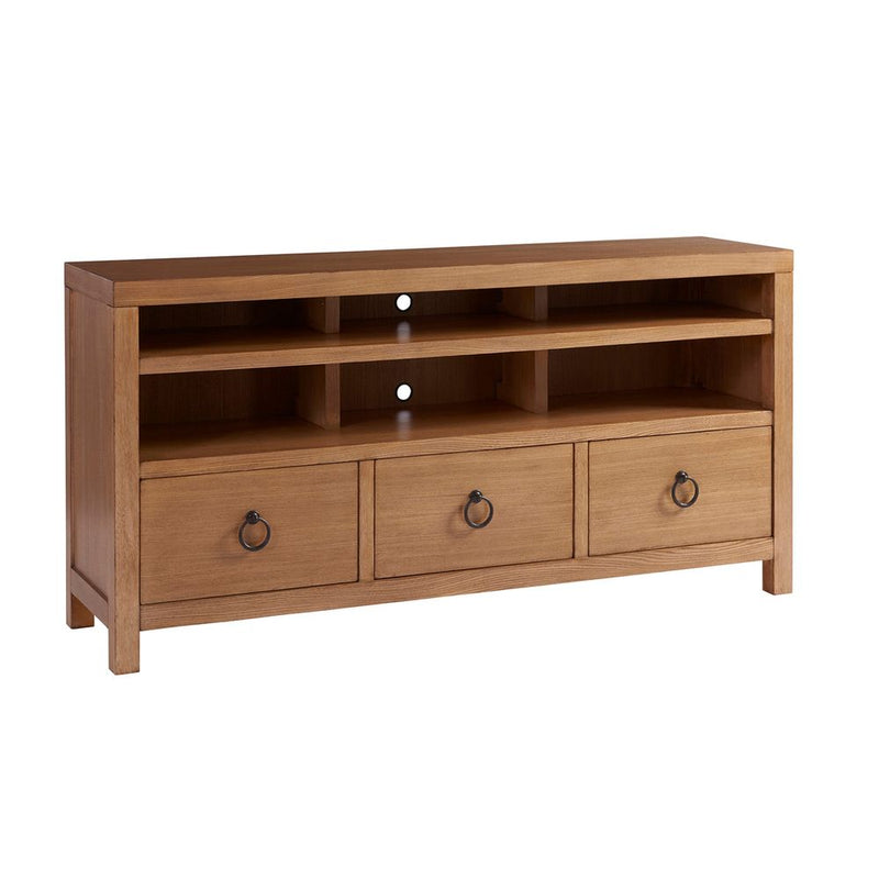 Promontory Media Console, shown in warm medium brown and honey oak with wood and metal.