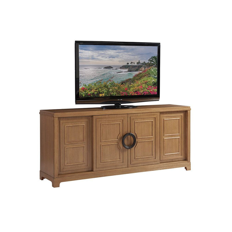 Alternate view of Leeward Media Console in warm medium brown and sandstone tan.
