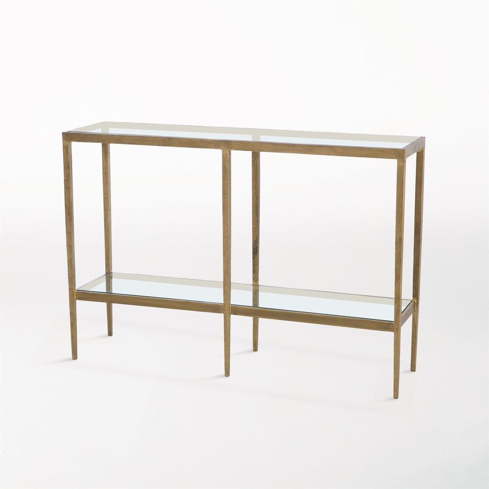 Alternate view of Laforge Console, featuring antiqued finish, metal, glass, and two-tier glass shelving.